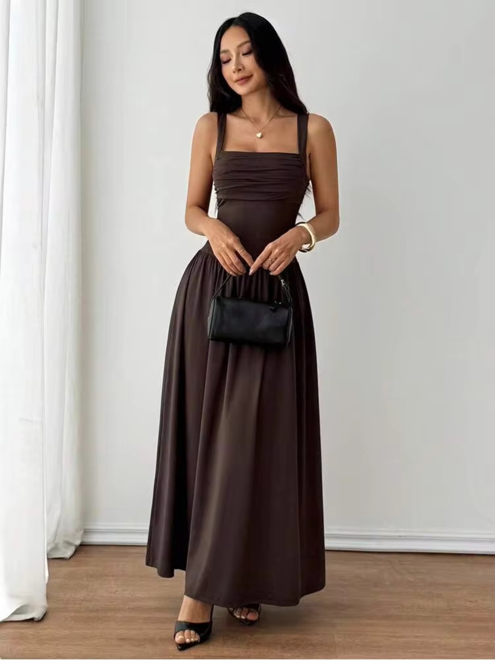SHEIN New Dark Brown Ruched Square Neck Soft Stretch Maxi Dress size Petite SP - Picture 4 of 13
